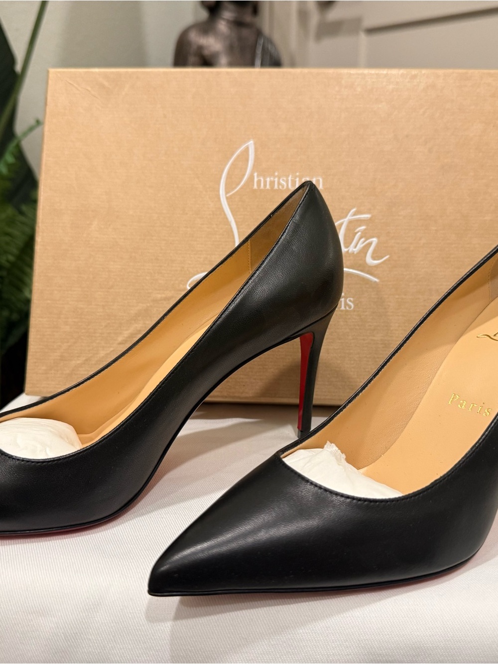 Christian Louboutin Black Leather Pointed-Toe Stiletto Pumps with Red Sole
